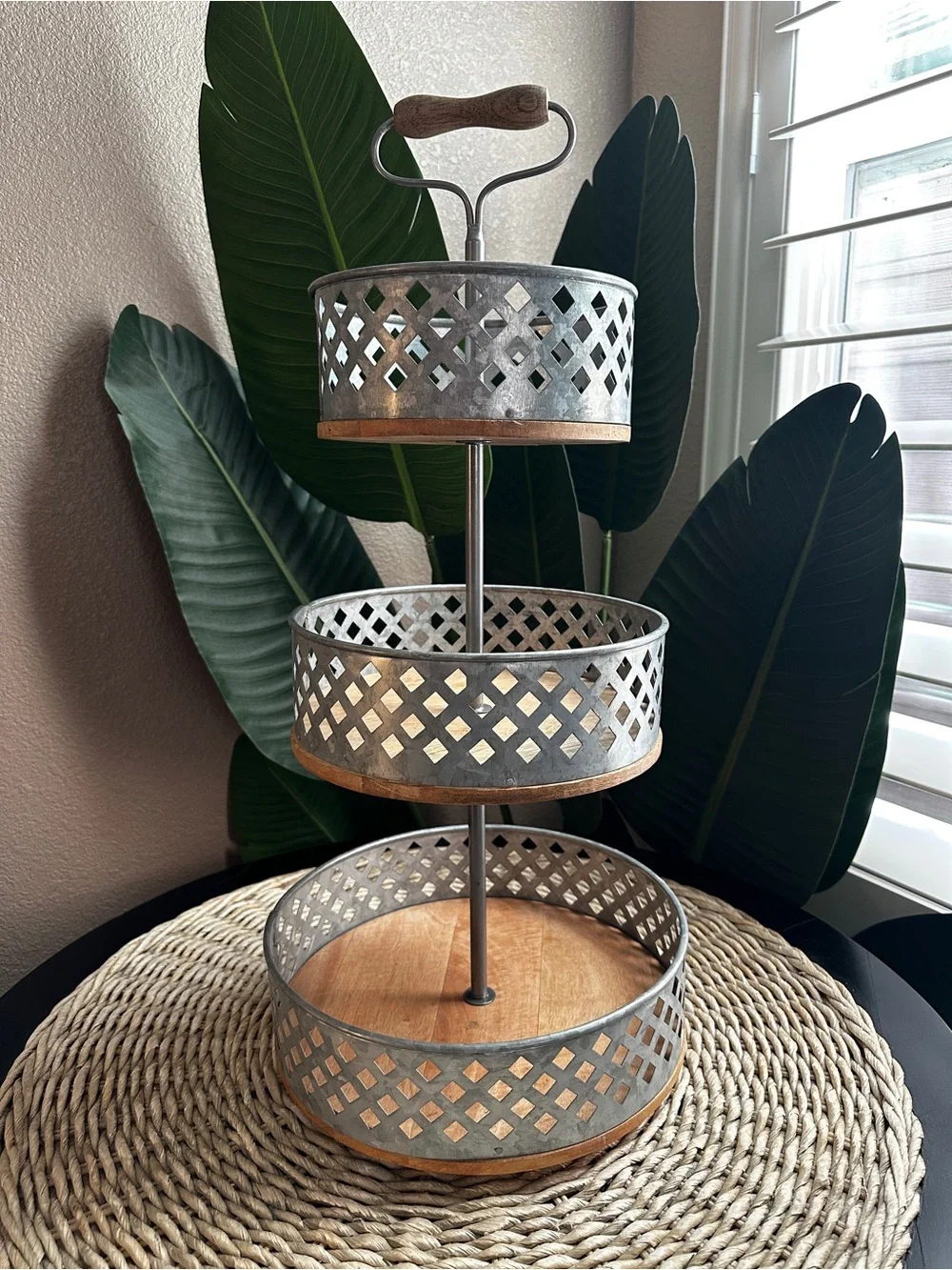 Three-Tier Metal and Wood Serving Stand - Rustic Farmhouse